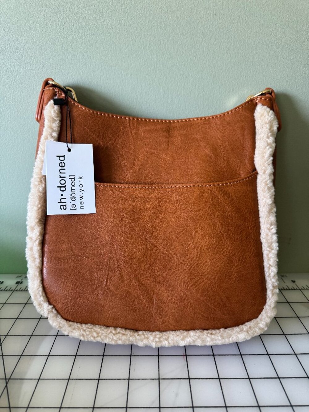 Ah Dorned Sherpa Trim Crossbody Camel Vegan Leather Boutique Bag NWT